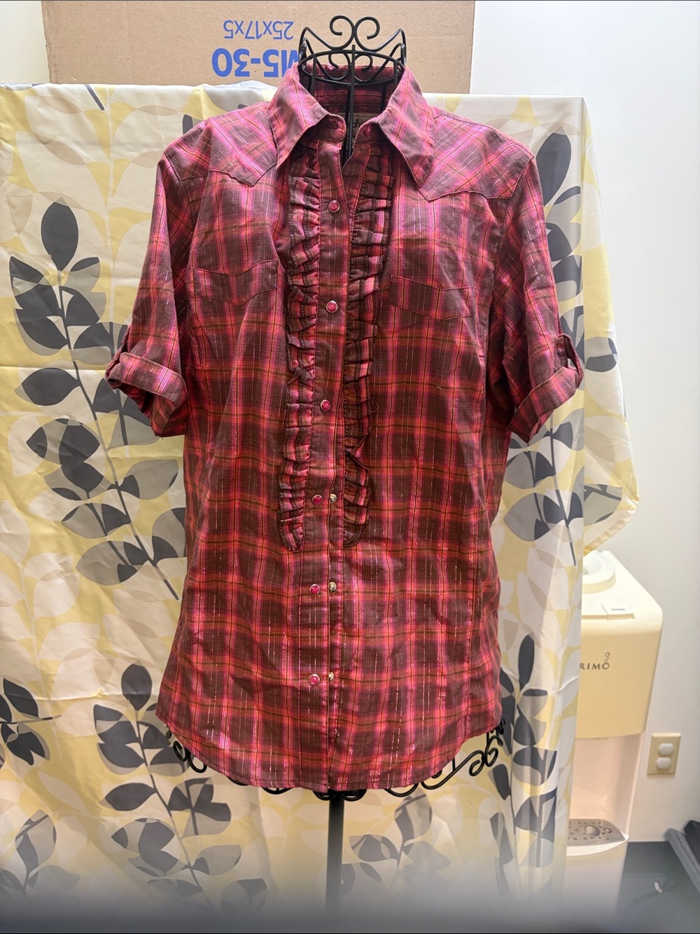 Wrangler Red Pink Plaid Ruffle Front Button-Down Shirt
